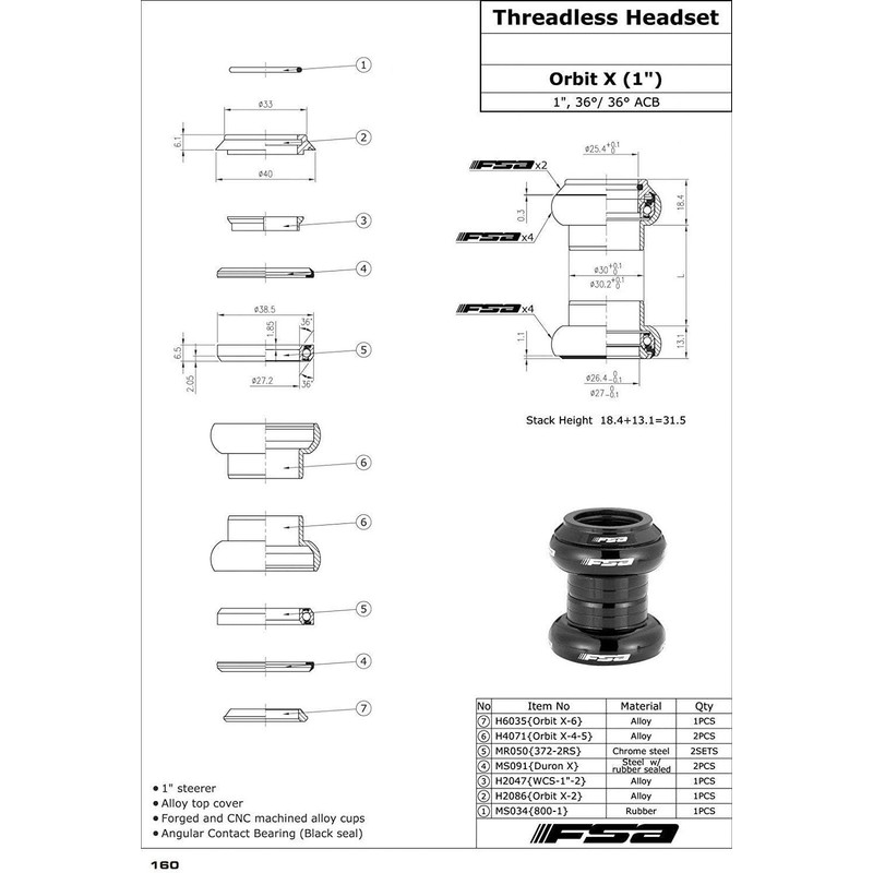 FSA Orbit X XTE1663 Threadless Headset 1" Silver