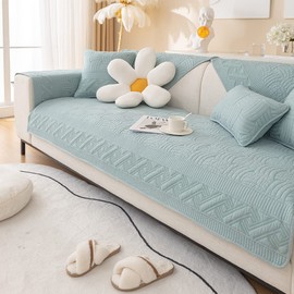 XSlive Farmhouse Cotton Quilted Sofa Cover Weave Pattern Embroidery Sectional Couch Cover Soft Nonslip Sofa Slipcover Furniture Protector Cover for Pets Kids Children Dog Cat (Light Blue,43"x43")