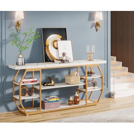 LITTLE TREE Extra Long Console Table, Modern Gold Entryway Table with 6 Storage Shelves, Metal Wooden Sofa Table Narrow for Entryway, Living Room, Hallway, Foyer