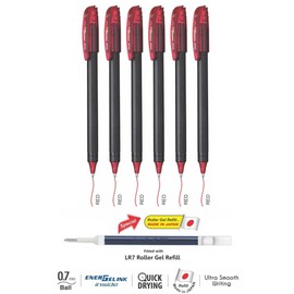 Pentel EnerGel 0.7mm Metal Tip Roller Gel Pen (Red, Pack of 6) With Free Pen By DTL Company™