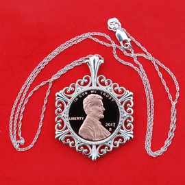 US 2017 Lincoln Shield Small Cent One Penny Gem BU Uncirculated Proof Coin 925 Sterling Silver Necklace New - Lucky Penny