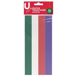 U. Tissue Paper 50x72cm Sheets, Assorted Festive Xmas Colours Green Red Purple White Sheets - Pack of 10