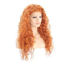 Long Curly Lace Front Wig for Women Orange and Red Synthetic Lace Front Wig with Free Part Long Water Wave Lace Front Orange Wigs for Brave Merida Cosplay
