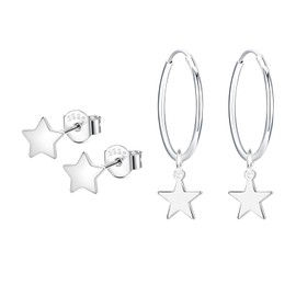 Hinvan 2 Pairs 925 Sterling Silver Earrings for Women, Girls and Men - Star Hoop Earrings Small Stud Earrings Hanging Silver Hypoallergenic Piercing, Sterling Silver, No Gemstone