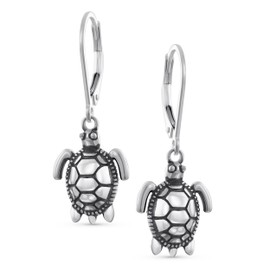 Honeymoon Vacation Nautical Hawaiian Sea Tortoise Beach Turtle Dangle Earrings For Women Teen Oxidized .925 Sterling Silver