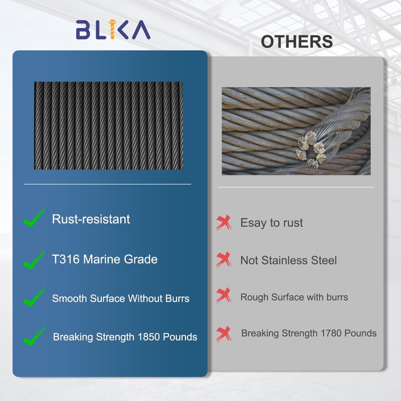 BLIKA 600FT 1/8" Black Stainless Steel Cable, T316 Marine Grade,