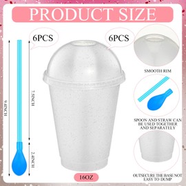 Ninehaoou 6 Sets 16 oz Reusable Glitter Plastic Cups with Dome Lids Detachable Spoon Straws Reusable Plastic Slushy Smoothie Tumbler for Iced Coffee, Juice, Soda, Party Supplies (Transparent White)