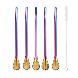 304 Stainless Steel Drinking Straw Spoon Tea Filter Tea Straws Gourd Washable Tea Tools Kitchen Bar Kitchen with Spoon Brush (Multicolor)