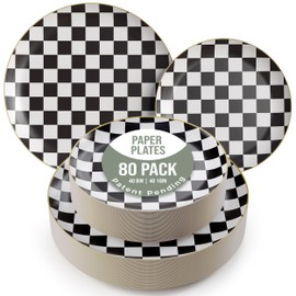 Trendables Heavy Duty Paper Plates Bulk 80 Pcs Disposable Party Plates - 40 X 8 Inch Dessert Plate & 40 X 10 Inch Paper Plate Checkered decor, black and white party decorations, race car decorations