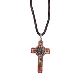Catholica Shop Saint Benedict Wood Cross Necklace San Benito St. Benedict Wooden Crucifix Pendant Cord Necklace for Men and Women. Made in Brazil (Small Silver)