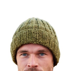 Pachamama Men Wool Beanie Skull Hat Fleece Lined Handknitted Ribbed Plain One-Size Handmade Skull Cap Extra Warm Fair Trade (Wool, Moss)