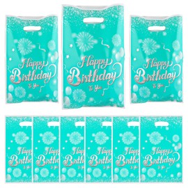 30 Pcs Green Silver Happy Birthday Gift Bags with handles,Plastic Tote Bags, Reusable Snack Treat Goody Candy Bag - Birthday Theme Party Favor Bags Party Supplie