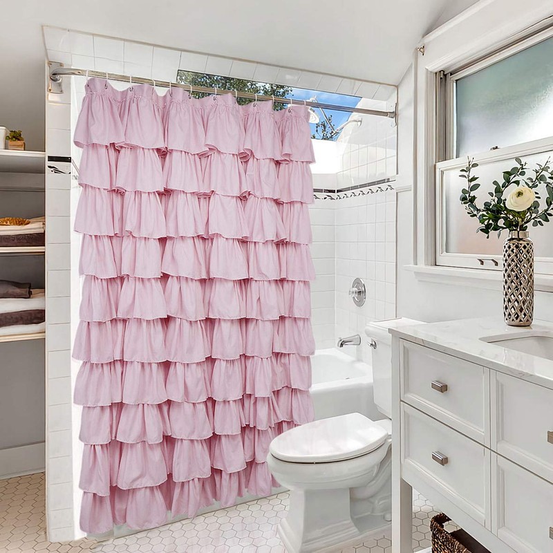 Volens Pink Ruffle Shower Curtain Farmhouse/Rustic Fabric Cloth Shower Curtains