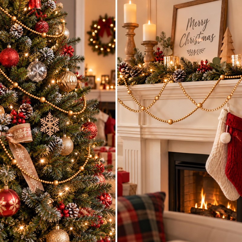 Gold Christmas Wood Bead Garland, 12 FT Farmhouse Boho Tree