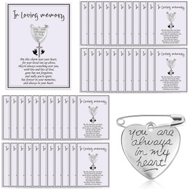 Yinkin Funeral Memorial Heart Charm Keepsakes Message Charms Pendant with Cards and Safety Pins for Guest Funeral Mourning Event Brooch Sympathy Gifts(50 Sets)