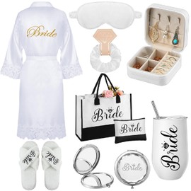 JaGely 9 Pcs Bride Gifts Set Bride Shower Bachelorette Gifts with Wine Tumbler Robe Bag Eyemask Scrunchie Jewelry Box (White,Bride)