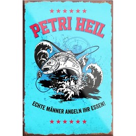 Petri Heil Magnet 9 x 6 cm Fridge Magnet Funny Sayings Celebration Vintage Retro Birthday Decoration Party Surprise Fan Fishing Sea Animal Boat Trip