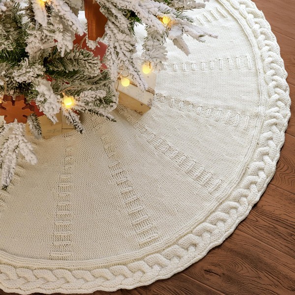 LimBridge Knitted Christmas Tree Skirt: 48 Inches Cream White Tree Skirt, Braided Cable Knit Thick Rustic Christmas Tree Decorations, Farmhouse Christmas Decor Xmas Holiday Home Party Decorations