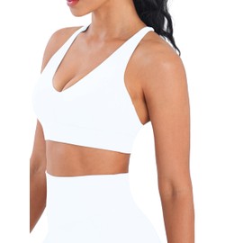 Sunzel Sports Bra for Women V Neck Criss Cross Back Running Bras Removable Cups Wirefree Padded Workout Bra Yoga Gym White Medium