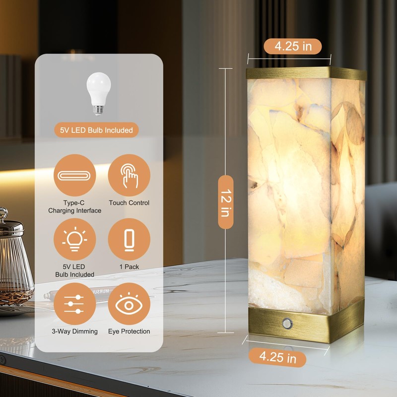 Scenekoy Alabaster Rechargeable Table Lamp for Living Room Bedroom Nightstand,