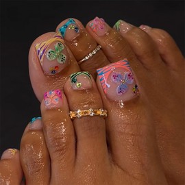 24pcs flower shaped French toenails summer short square false toenails colorful flowers with gold pearl pattern sj suitable for women girls toenails decoration