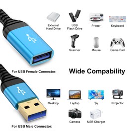 USB Extension Cable, 10FT USB Extender, USB 3.0 Extension Cable, Male to Female Cord 5Gbps High Speed Data Transfer Compatible for Webcam, Printer, Mouse, Keyboard, Flash Drive, Hard Drive, Controller
