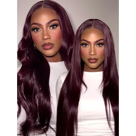KLAIYI Black Cherry Layered Straight 7x5 Pre Cut Lace Front Wigs Human Hair Bye Bye Knots Glueless Ready to Wear Go Wig Pre Plucked Pre Bleached Dark Burgundy Wine Red Beginner Wig 180% Density 20Inch