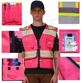 A-SAFETY Pink High Vis Reflective Safety Vests for Men Women medium High Visibility Vest with Pockets Mesh Fabric pink Construction Safety Apparel Neon Vest for Work