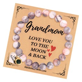 Natural Pink Zebra Stone Beaded Bracelets with Heart Charm & Cubic Zirconia, 8mm Raw Crystal Gemstones Stretch Bracelets Jewelry for Birthday Back to School Graduation Gifts (To Grandma)