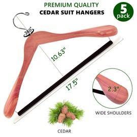 Amber Home 5 Pack American Red Cedar Wood Coat, Suit Hangers with Extra Wide Shoulder, Wooden Jacket Clothes Hanger Smooth Deluxe Aromatic Natural Cedar with Non Slip Velvet Pant Bar