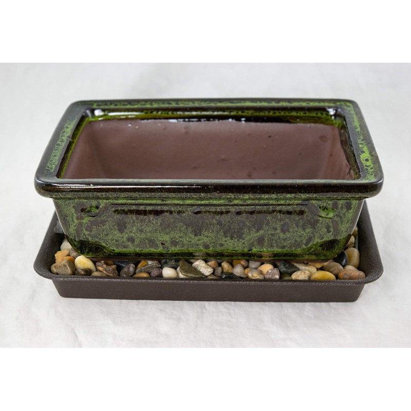 8" Rectangular Moss Green Glazed Bonsai Pot, Cactus & Succulent
