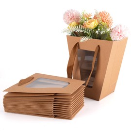 WWT 20Packs Flower Bouquet Bags with Clear Window,Floral Bags Paper Gift Bags Party Favor Bags for Mother's Day Wedding Party Birthday (Brown)