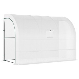 Outsunny 10' x 5' x 7' Lean to Greenhouse, Walk-in Green House, Plant Nursery with 2 Roll-up Doors and Windows, PE Cover and 3 Wire Shelves, White