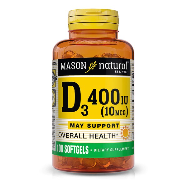 MASON NATURAL Vitamin D3 10 mcg (400 IU) - Supports Overall Health, Strengthens Bones and Muscles, 100 Softgels