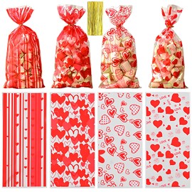 50PCS Valentine's Day Cellophane Treat Bags Red Heart Stripe Candy Plastic Goodie Snacks Cookies Candy Bags Valentines Cookie Snack Packing Decor with Twist Ties for Valentine Birthday Party Favor,