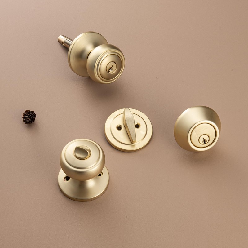 NCSEN Brushed Gold Door Knobs with Lock, Exterior Door Lock