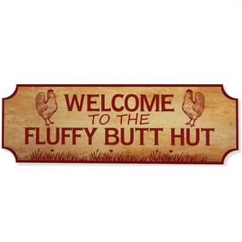 Red Ocean Funny Chicken Coop Welcome Sign 'The Fluffy Butt Hut' Novelty Hen House Farm Outdoor Plaque For Garden Yard Humourous Pet Chicken Gifts 30x10cm Sign