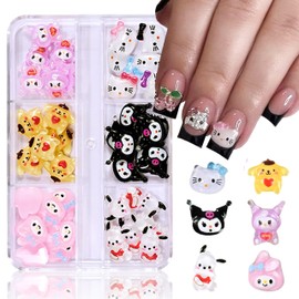3D Cartoon Nail Decoration - 48 Pieces Kawaii Kitty Charms Nails, Bow Knot Nail Plug Rhinestones Nail Art Charms, Crystal Nail Sticker Dog Rabbit Nail Decorations Made of Resin (Colourful C)