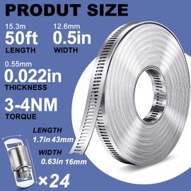 Hose Clamps- Stainless Steel Hose Clamp DIY 50FT Metal Strap + 24 Stronger Fasteners Large Adjustable Worm Gear Clamps for Fuel Line, Plumbing, Automotive, Mechanical, Pipe, Tube,Garden,Duct