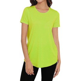 Smile Fish Women Crewneck Loose Fit Tunic Tops Short Sleeve Dressy Casual Summer Long Tee Shirts to Wear with Leggings Cotton Neon Green,L