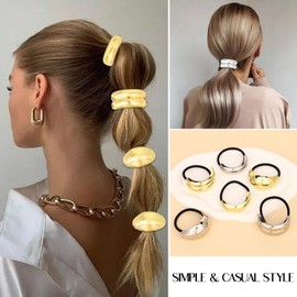 CURASA Metal Hair Cuffs, 6PCS Ponytails Hair Ties for Women, Silver and Gold Hair Cuffs, Geometric Hair Ties for Thick Hair Elastic Gold Hair Tie Fashion Hair Accessories for Women