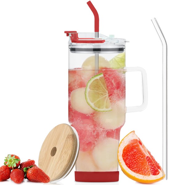 AiHeart 50 oz Glass Tumbler with Straw and Bamboo Lid,