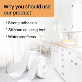 White Caulk Tape Waterproof Self Adhesive, Bathroom Caulking Tape,Sealer Strip for Toilet Base Shower Wash Basin Sink, Easy to Use with Silicone Caulking Tool, Multifunction Middle Crease Design