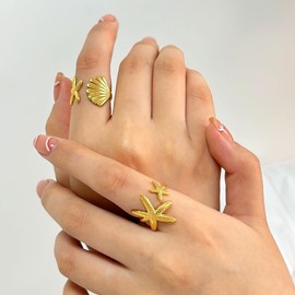 KONPJE Gold Starfish Ring for Women Opening Seashell Ring Adjustable Irregular Finger Ring Ocean Series Ring Summer Beach Ring Jewelry