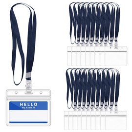 Badge Card Holder, 20 Pieces Plastic Clear Card Holder with Lanyard, Horizontal Name Badge Holder for Women Men