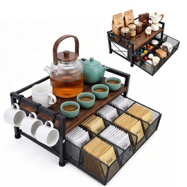 HOYWOUL Tea Bag Coffee Bar Organizer,Teabag Holder & Coffee Station with Storage Drawer,Wood Tea Station Chest Display Container Box for Countertop Kitchen (Rustic Brown)