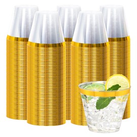 Upigi 200 Pcs Gold Plastic Cups,9Oz Gold Rimmed Plastic Cups,Heavy Duty Gold Rim Clear Disposable Plasitc Cocktail Tumblers Wine Cup for Party,Wedding,Birthday,Christmas