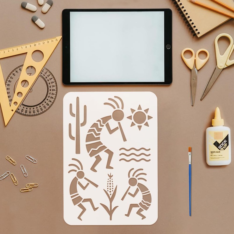 FINGERINSPIRE 4PCS Cocopelli Patterns Stencils with 1Pc Plastic Brush 21x29.7cm