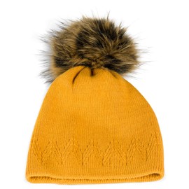 styleBREAKER 04024181 Unisex Warm Plain Knitted Bobble Hat with Prong Pattern, Removable Faux Fur Bobble Winter Hat, curry