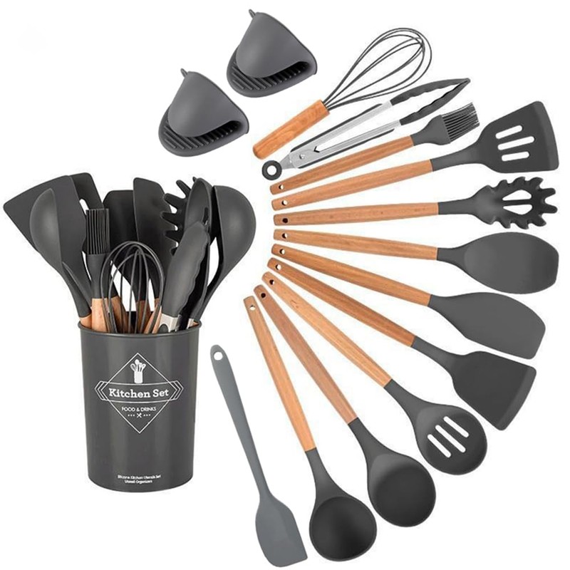 15-piece silicone wooden handle kitchen utensils set, kitchen gadgets (green